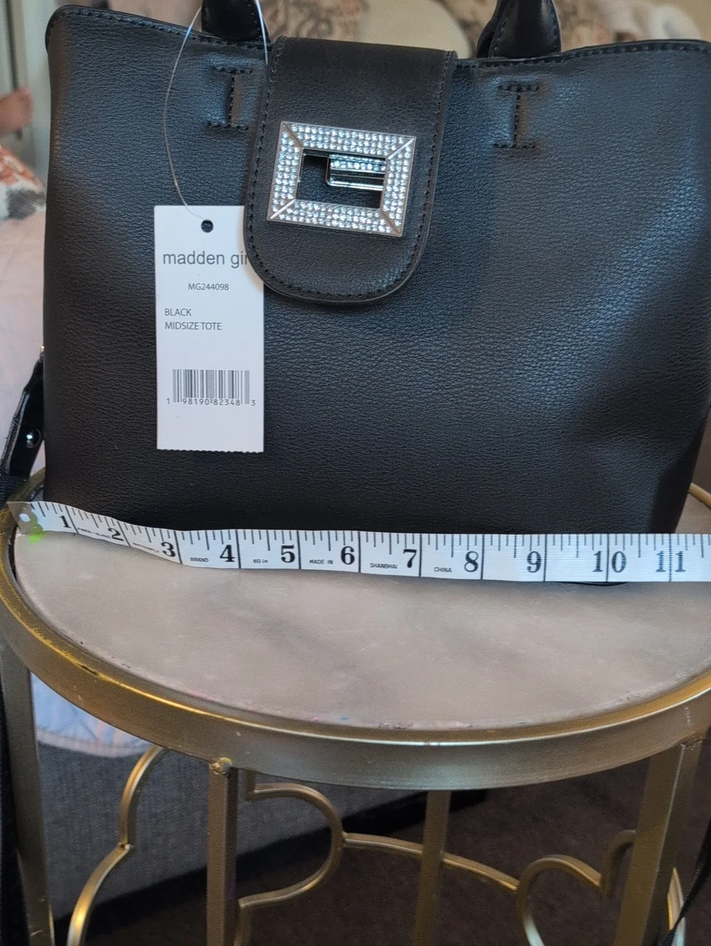 Madden Girl Black Faux Leather Satchel with Crystal Buckle and Strap